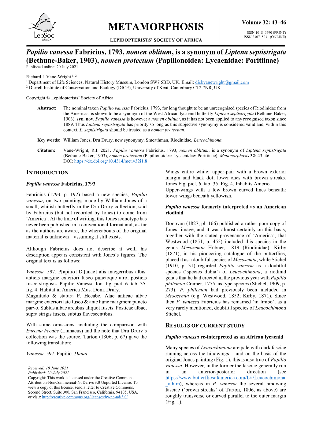 Metamorphosis Issn 1018–6490 (Print) Issn 2307–5031 (Online) Lepidopterists’ Society of Africa