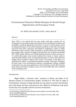 Entertainment-Education Media Strategies for Social Change: Opportunities and Emerging Trends