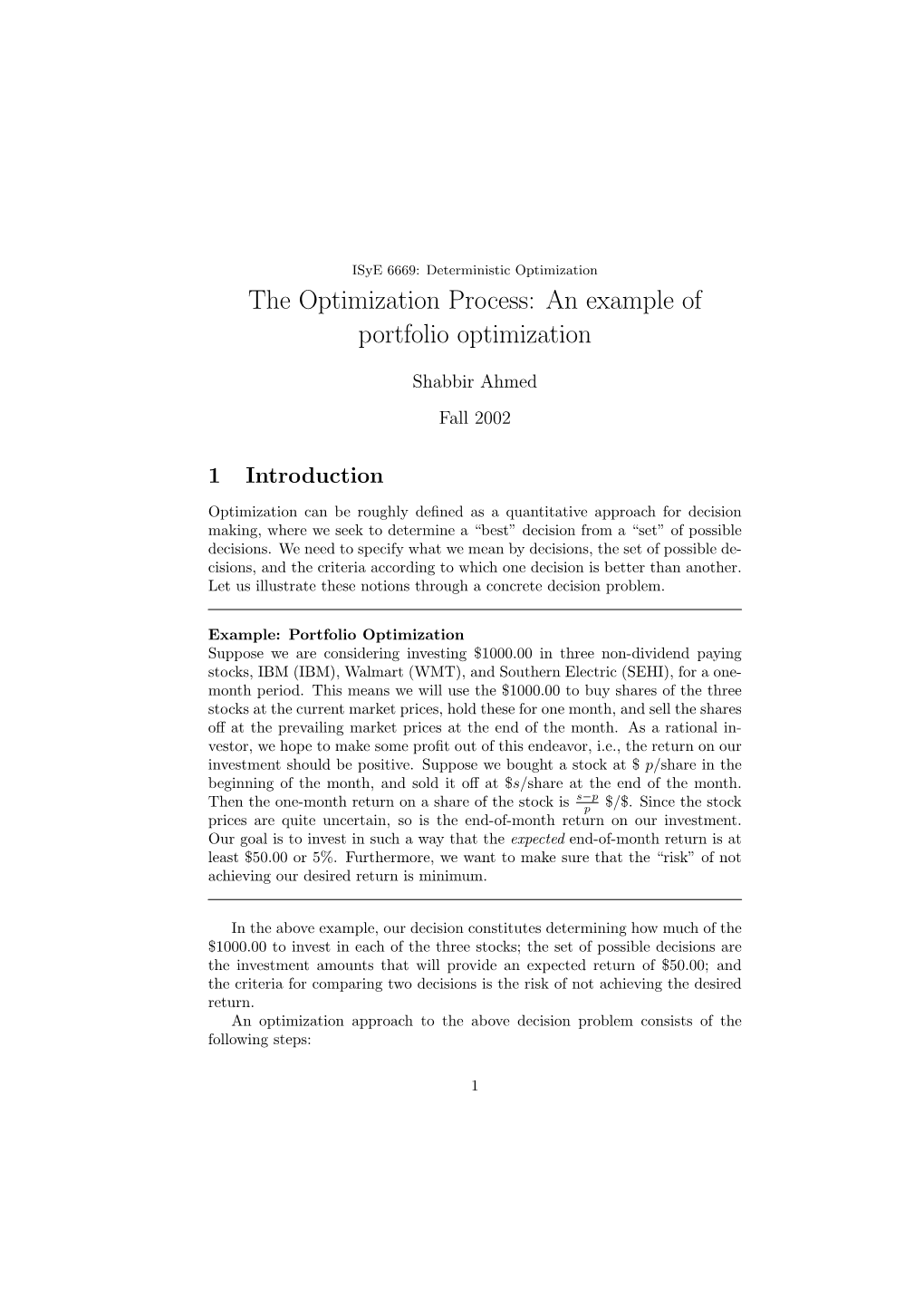 The Optimization Process: an Example of Portfolio Optimization