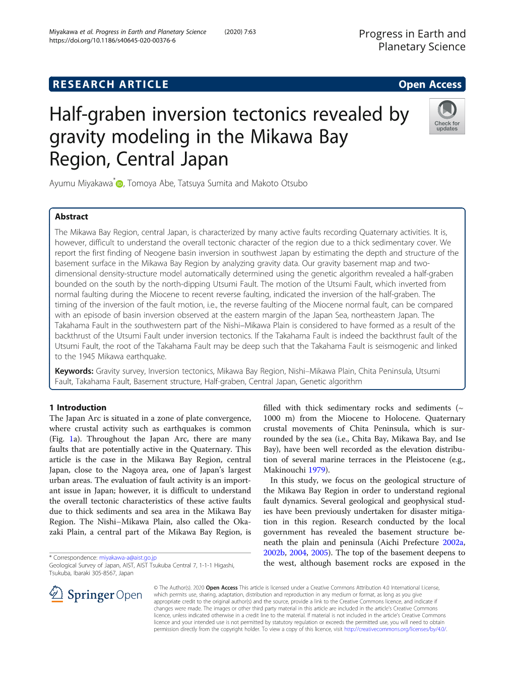 Half-Graben Inversion Tectonics Revealed by Gravity Modeling in the Mikawa Bay Region, Central Japan Ayumu Miyakawa* , Tomoya Abe, Tatsuya Sumita and Makoto Otsubo