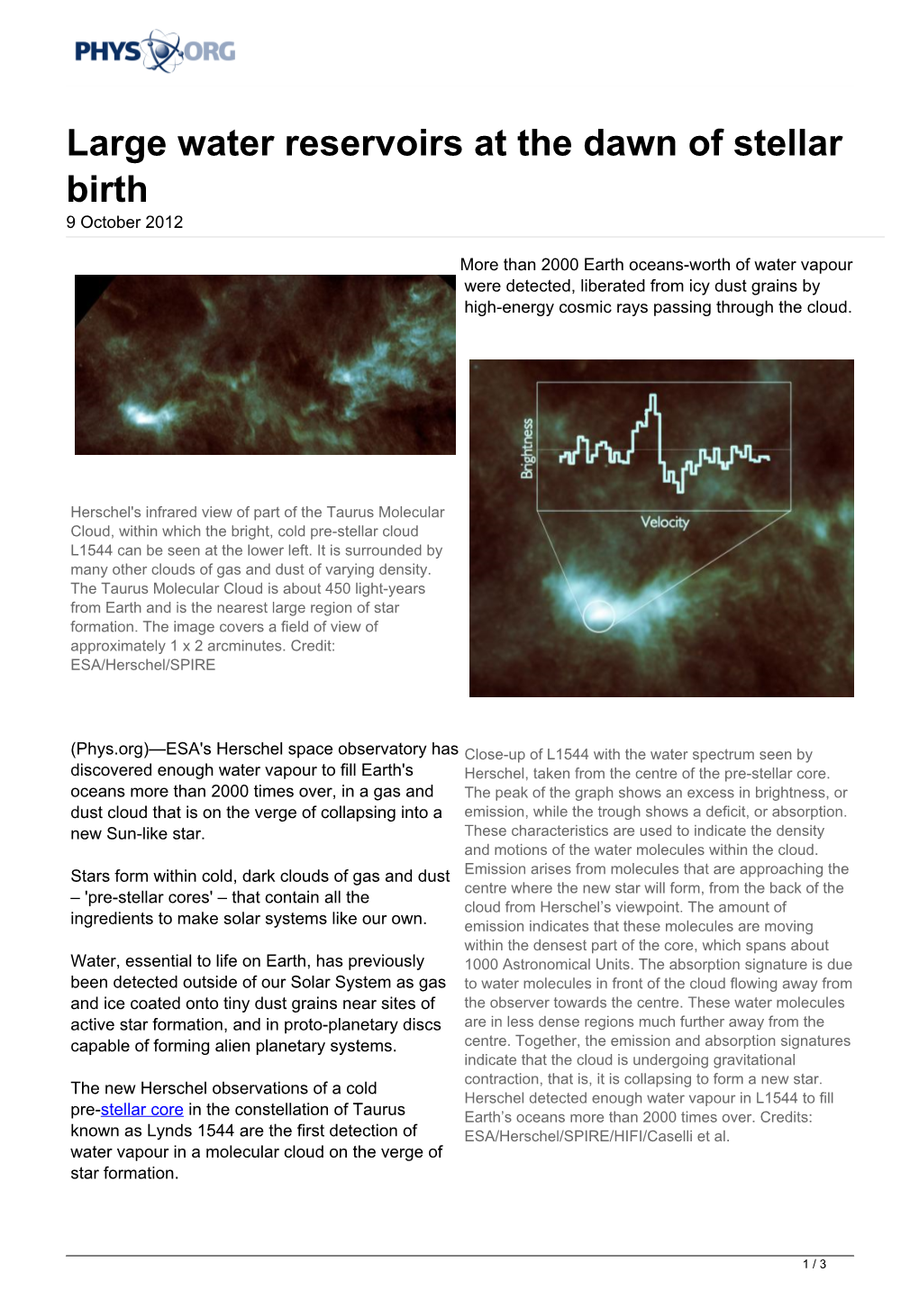 Large Water Reservoirs at the Dawn of Stellar Birth 9 October 2012