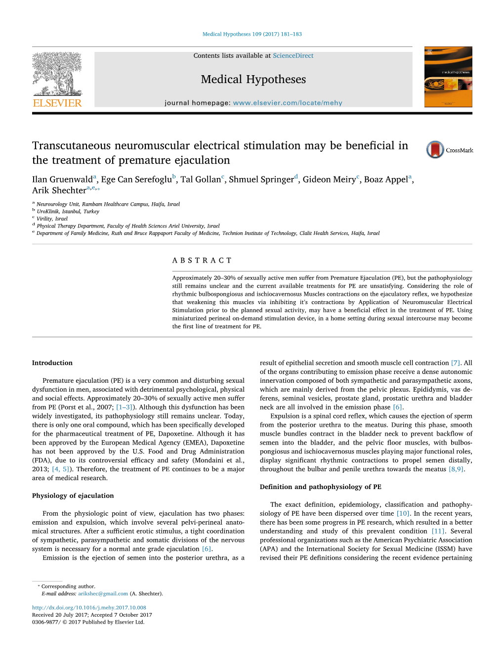 Transcutaneous Neuromuscular Electrical Stimulation May Be Beneﬁcial in MARK the Treatment of Premature Ejaculation