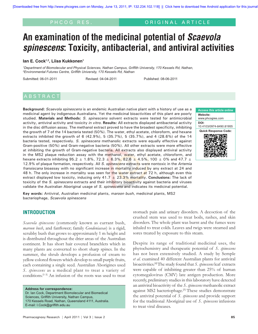 An Examination of the Medicinal Potential of Scaevola Spinescens: Toxicity, Antibacterial, and Antiviral Activities