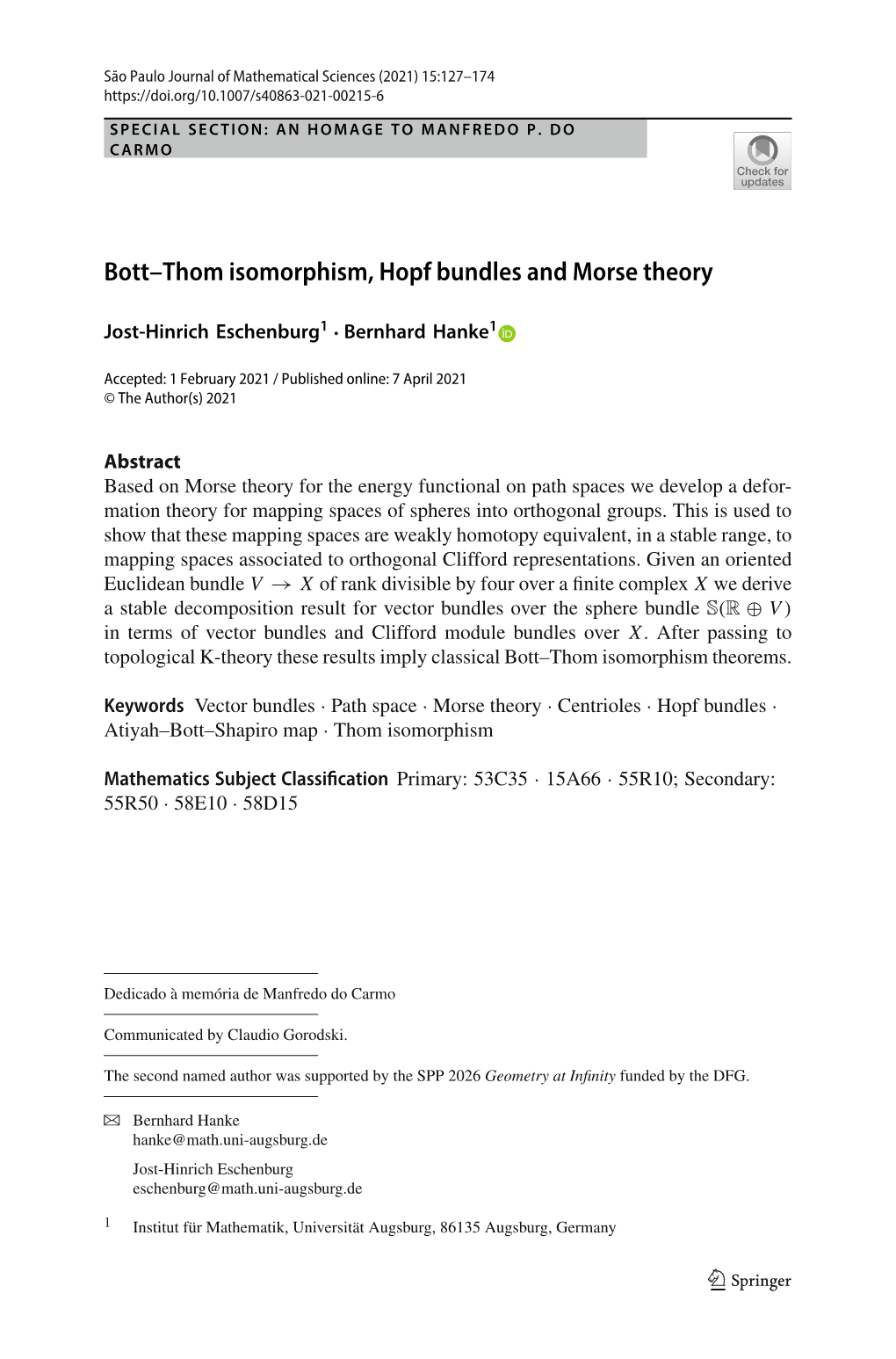 Bott–Thom Isomorphism, Hopf Bundles and Morse Theory