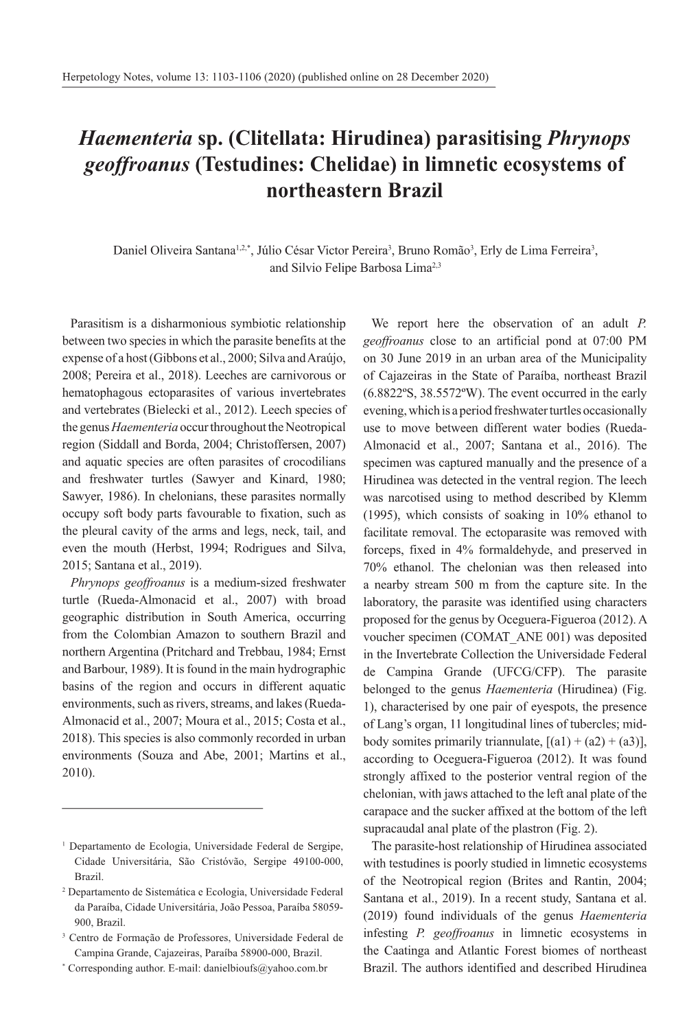 Haementeria Sp. (Clitellata: Hirudinea) Parasitising Phrynops Geoffroanus (Testudines: Chelidae) in Limnetic Ecosystems of Northeastern Brazil