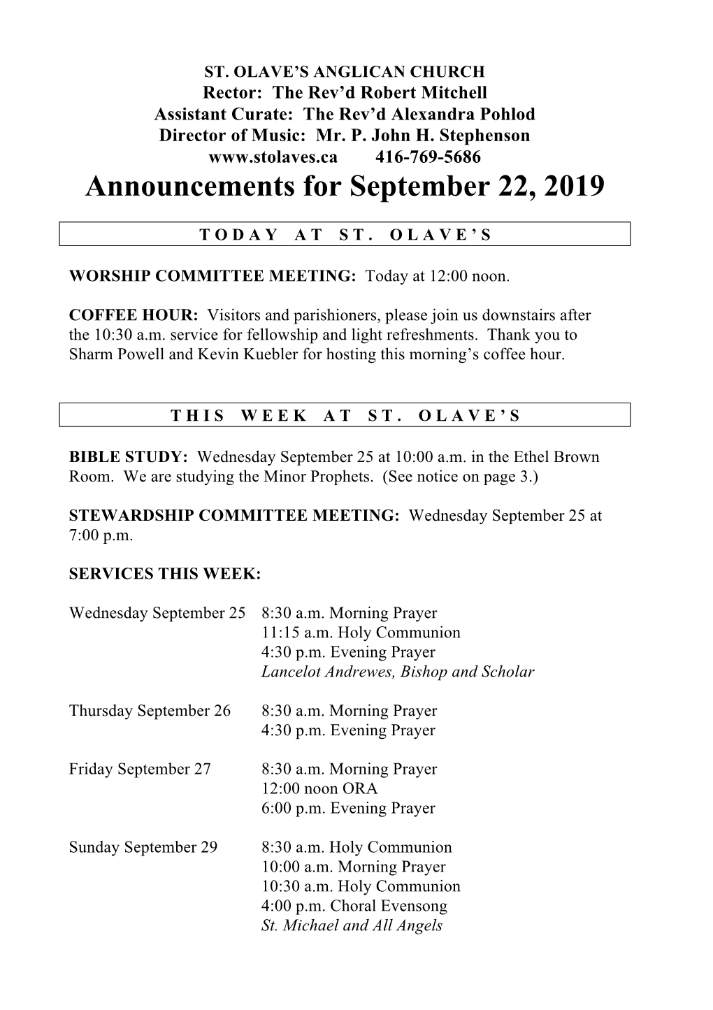 Announcements for September 22, 2019