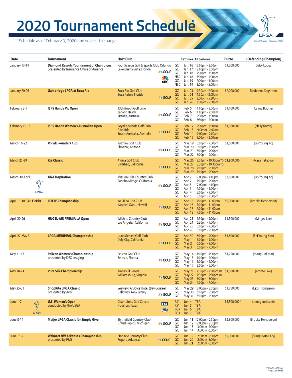 *Schedule As of February 9, 2020 and Subject to Change Denotes Major Championship