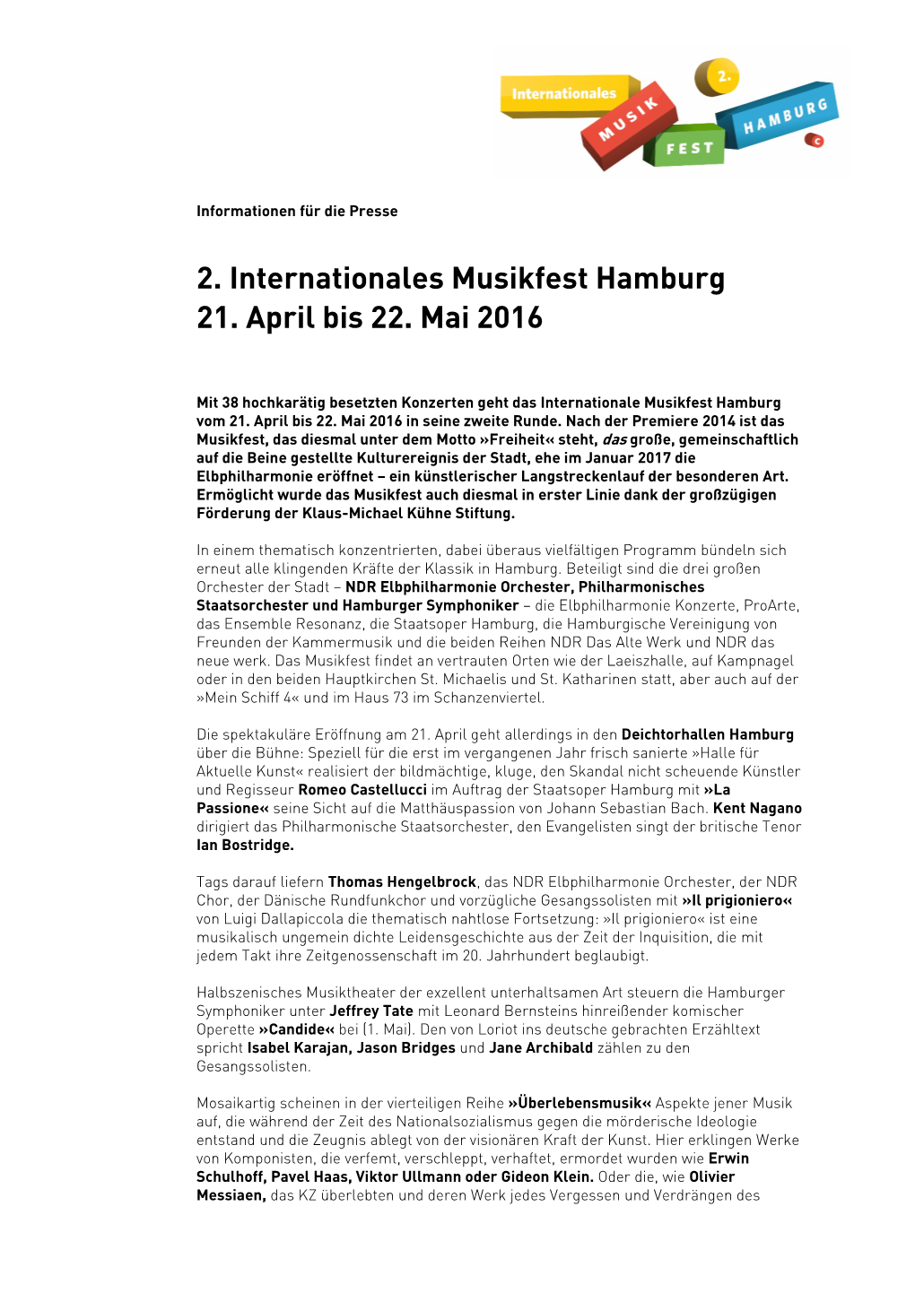 2. Internationales Musikfest Hamburg 21. April Bis 22. Mai 2016