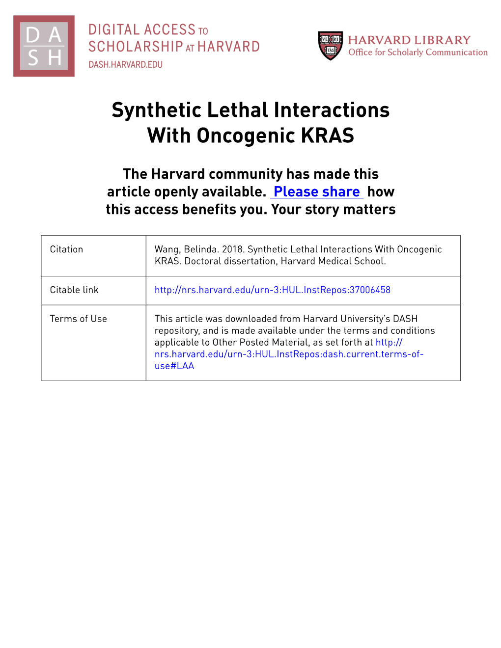 Synthetic Lethal Interactions with Oncogenic KRAS