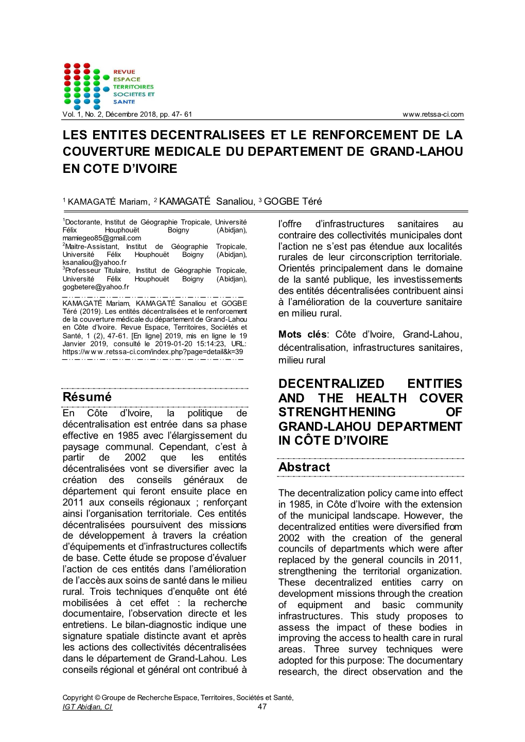 Les Entites Decentralisees Et Le Renforcement De La Couverture Medicale Du Departement De Grand-Lahou En Cote D’Ivoire