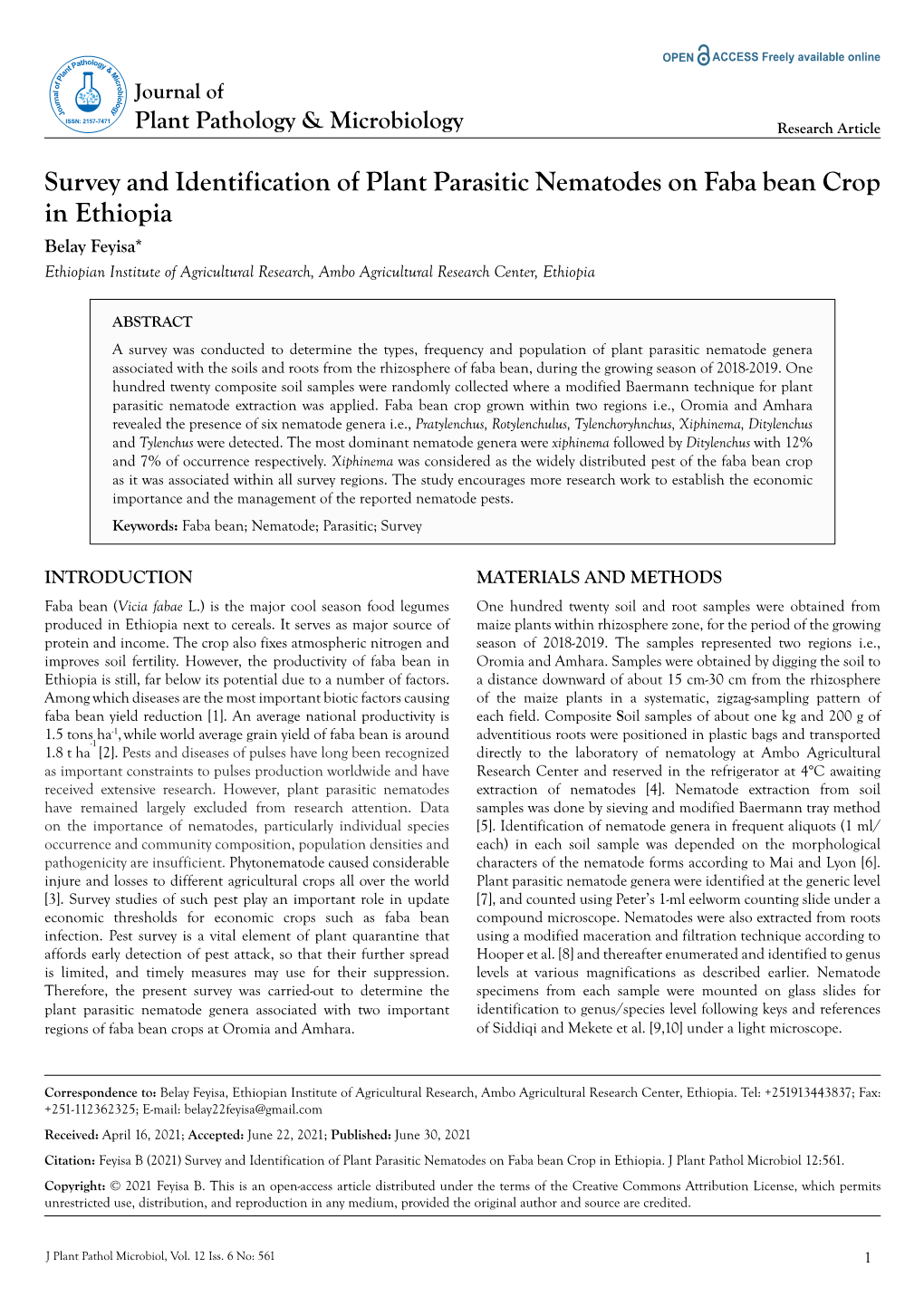 Survey and Identification of Plant Parasitic Nematodes on Faba Bean