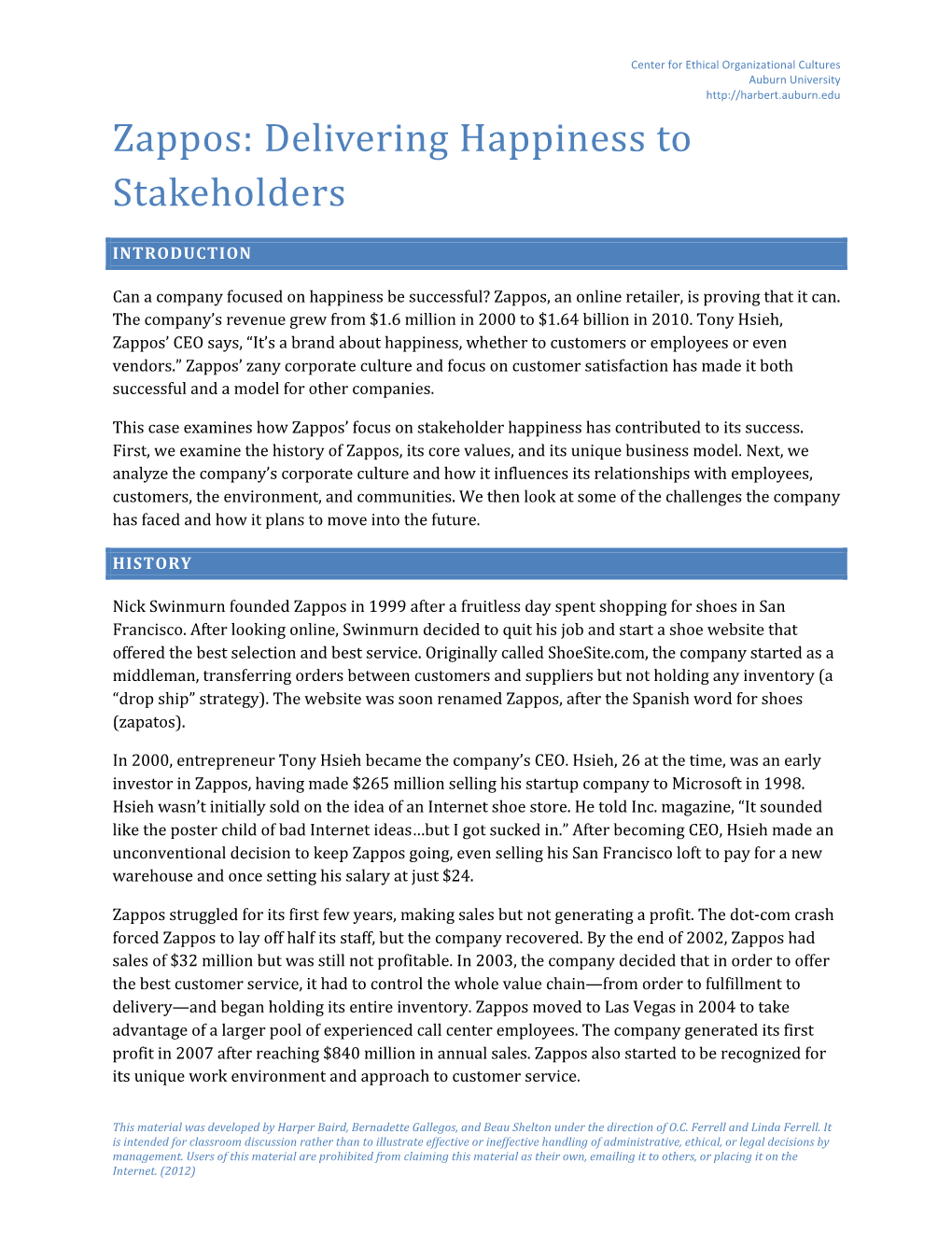 Zappos: Delivering Happiness to Stakeholders