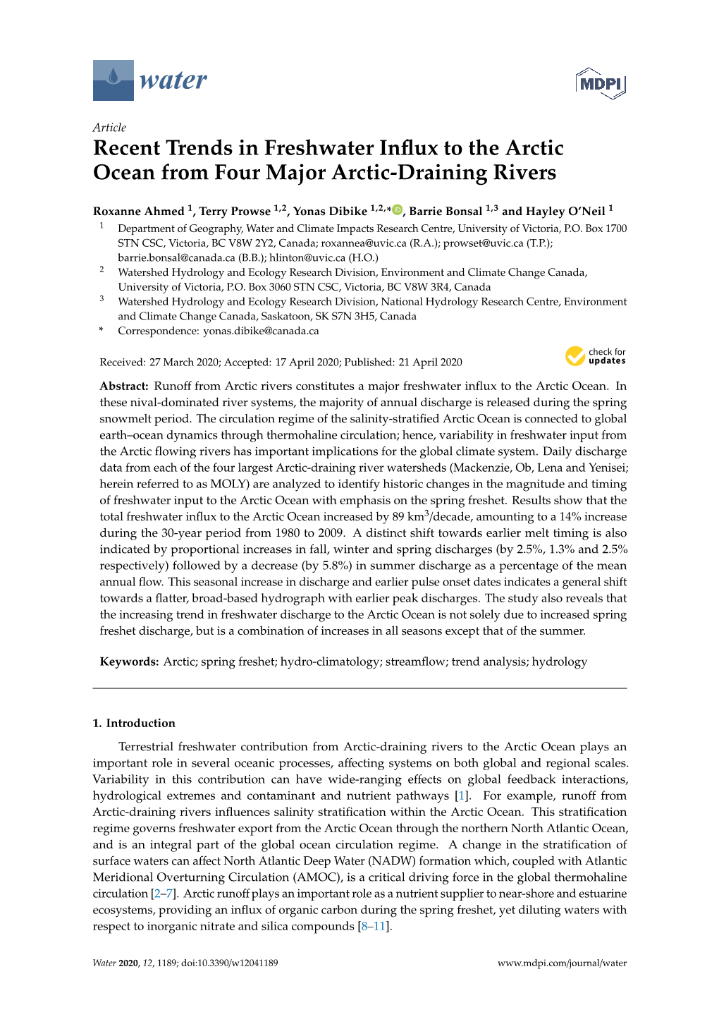 Recent Trends in Freshwater Influx to the Arctic Ocean from Four Major