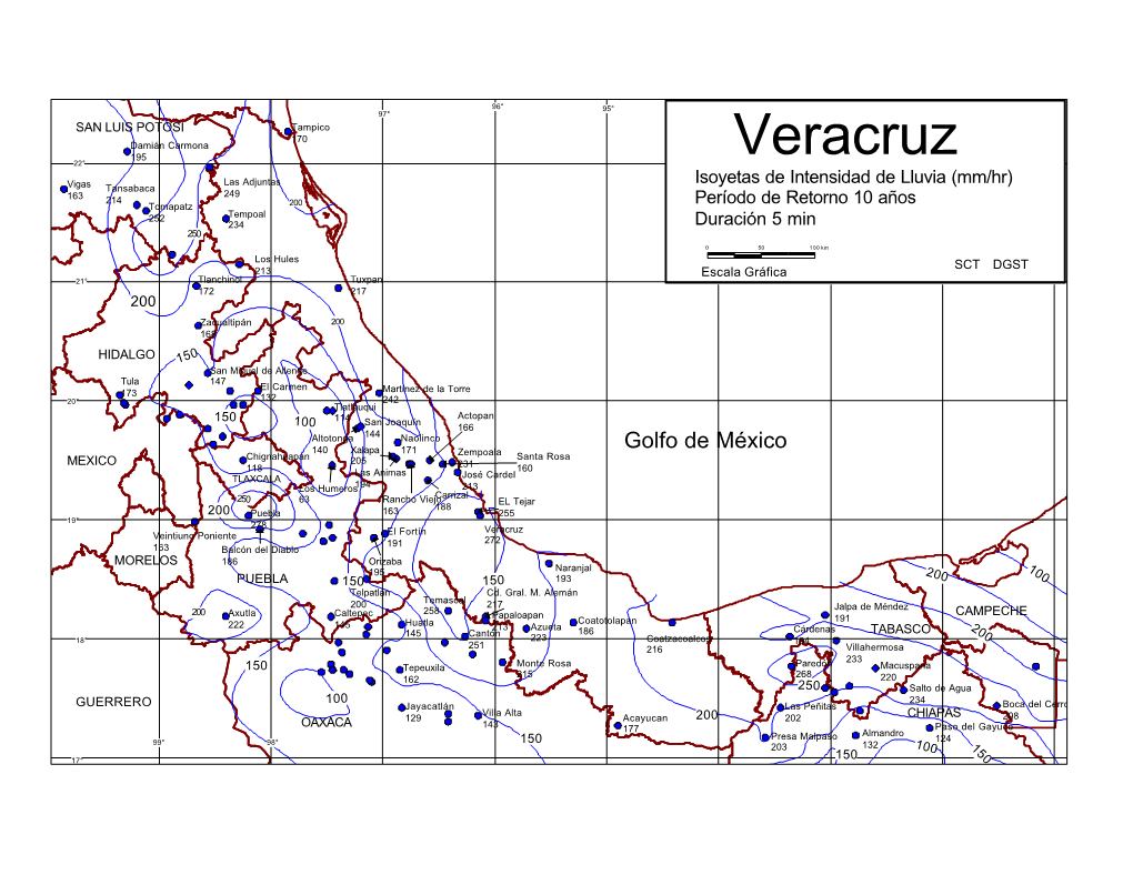 Veracruz Las Adjuntas Isoyetas De Intensidad De Lluvia (Mm/Hr) Vigas Tansabaca 249 163 214 Tomapatz 200 Período De Retorno 10 Años 252 Tempoal 234 Duración 5 Min 250