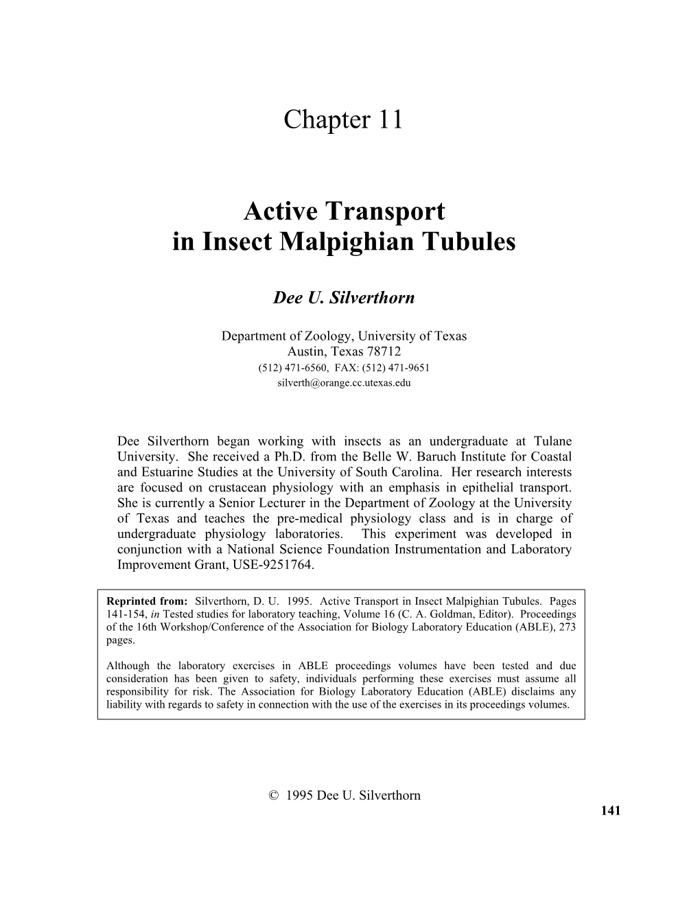 Chapter 11 Active Transport in Insect Malpighian Tubules