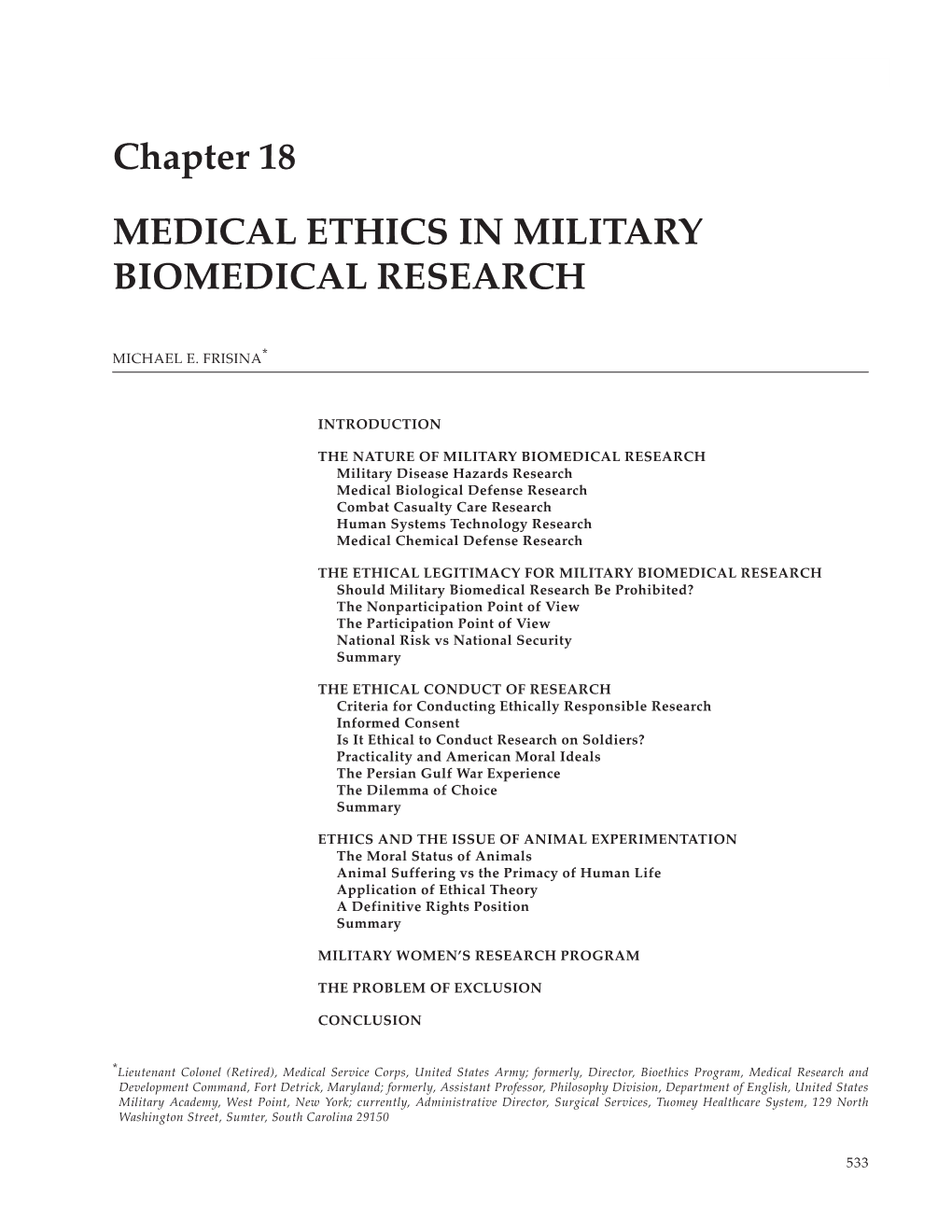 Chapter 18 MEDICAL ETHICS in MILITARY BIOMEDICAL RESEARCH