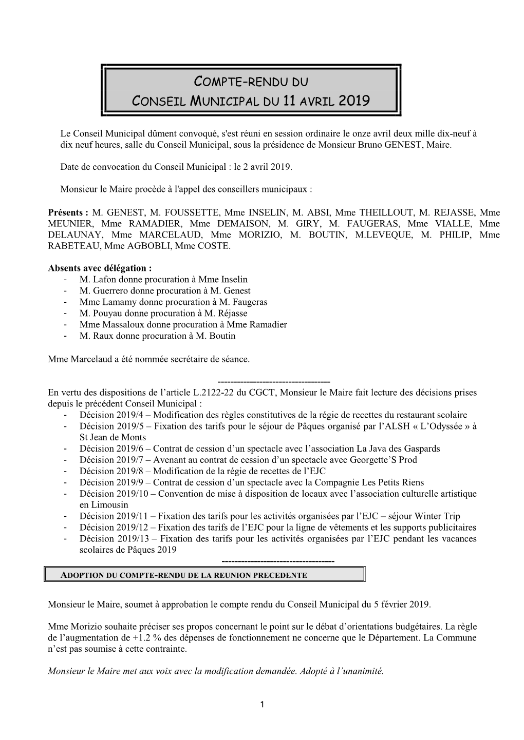 Compte-Rendu Du Conseil Municipal Du 11 Avril 2019