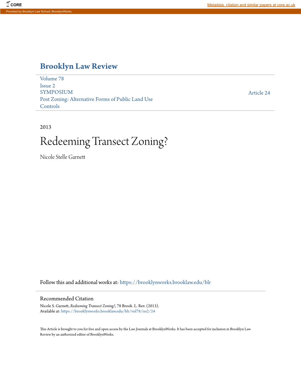 Redeeming Transect Zoning? Nicole Stelle Garnett