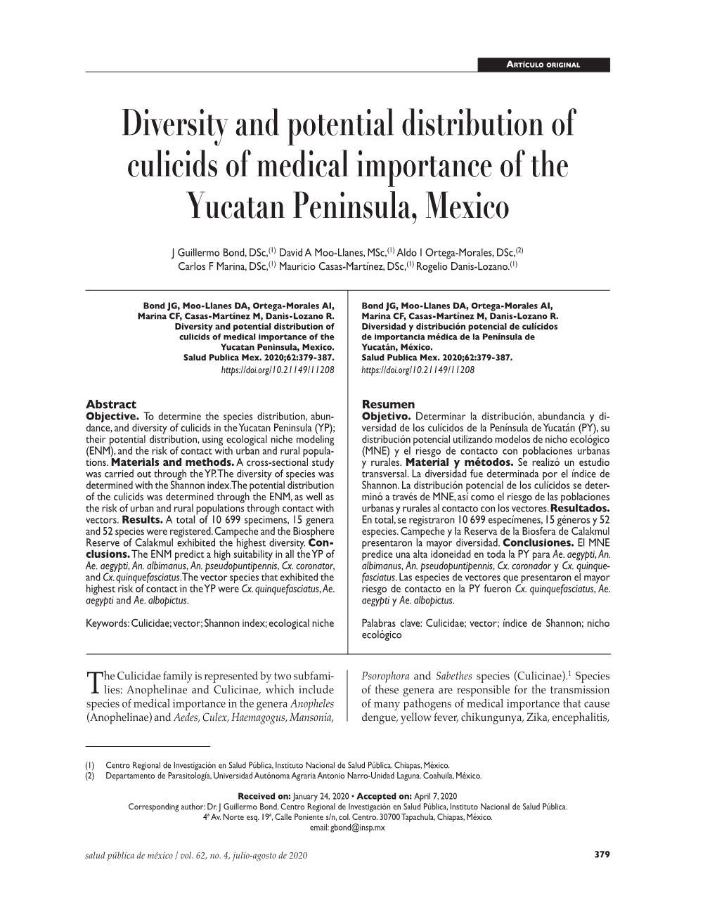 Diversity and Potential Distribution of Culicids of Medical Importance of the Yucatan Peninsula, Mexico
