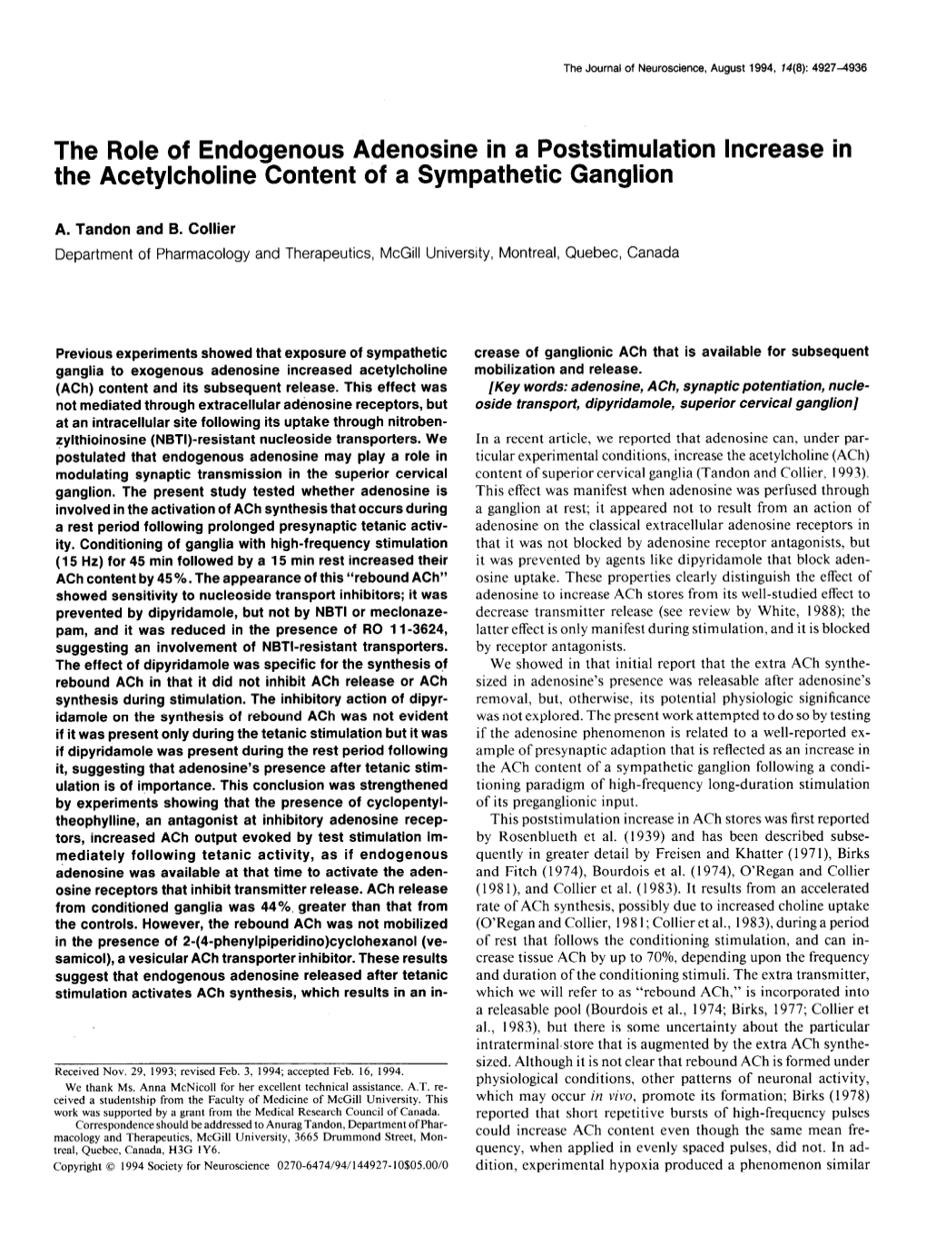 The Role of Endogenous Adenosine in a Poststimulation Increase in the Acetylcholine Content of a Sympathetic Ganglion