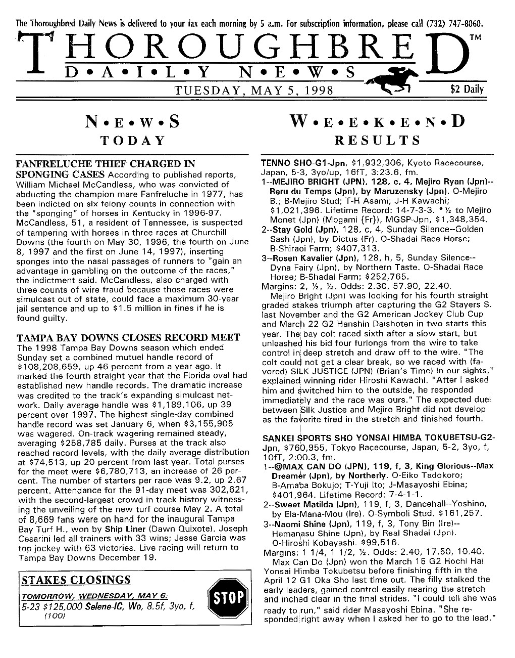 THOROUGHBREDTM D•A•I•L•Y N•E•W•S ~---- TUESDAY, MAY 5, 1998 ,.~ $2 Daily