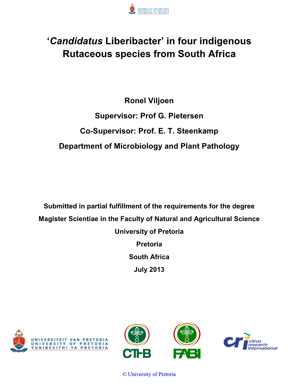 Candidatus Liberibacter’ in Four Indigenous Rutaceous Species from South Africa