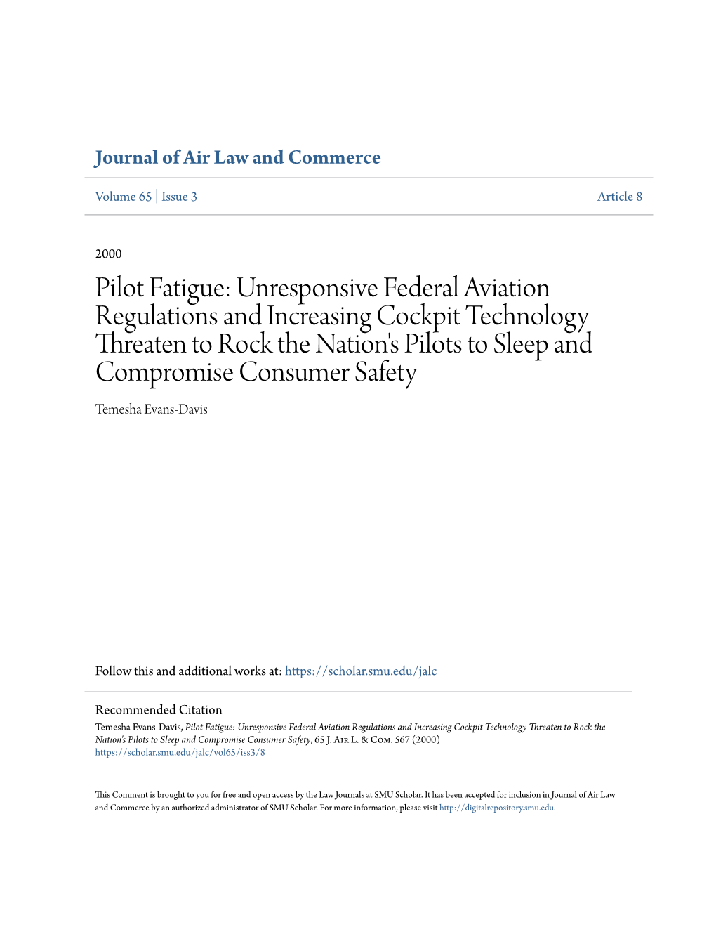 Pilot Fatigue: Unresponsive Federal Aviation Regulations