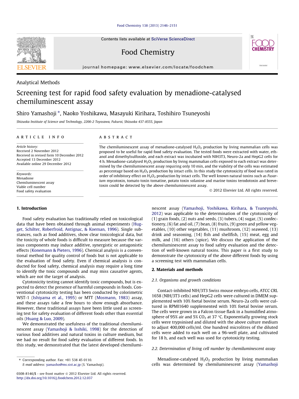 Screening Test for Rapid Food Safety Evaluation by Menadione-Catalysed