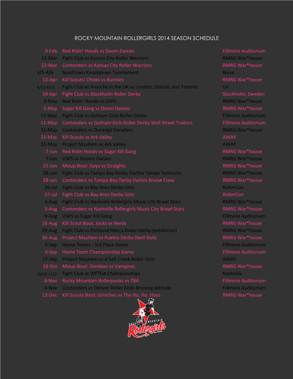 ROCKY MOUNTAIN ROLLERGIRLS 2014 SEASON SCHEDULE 9-Feb