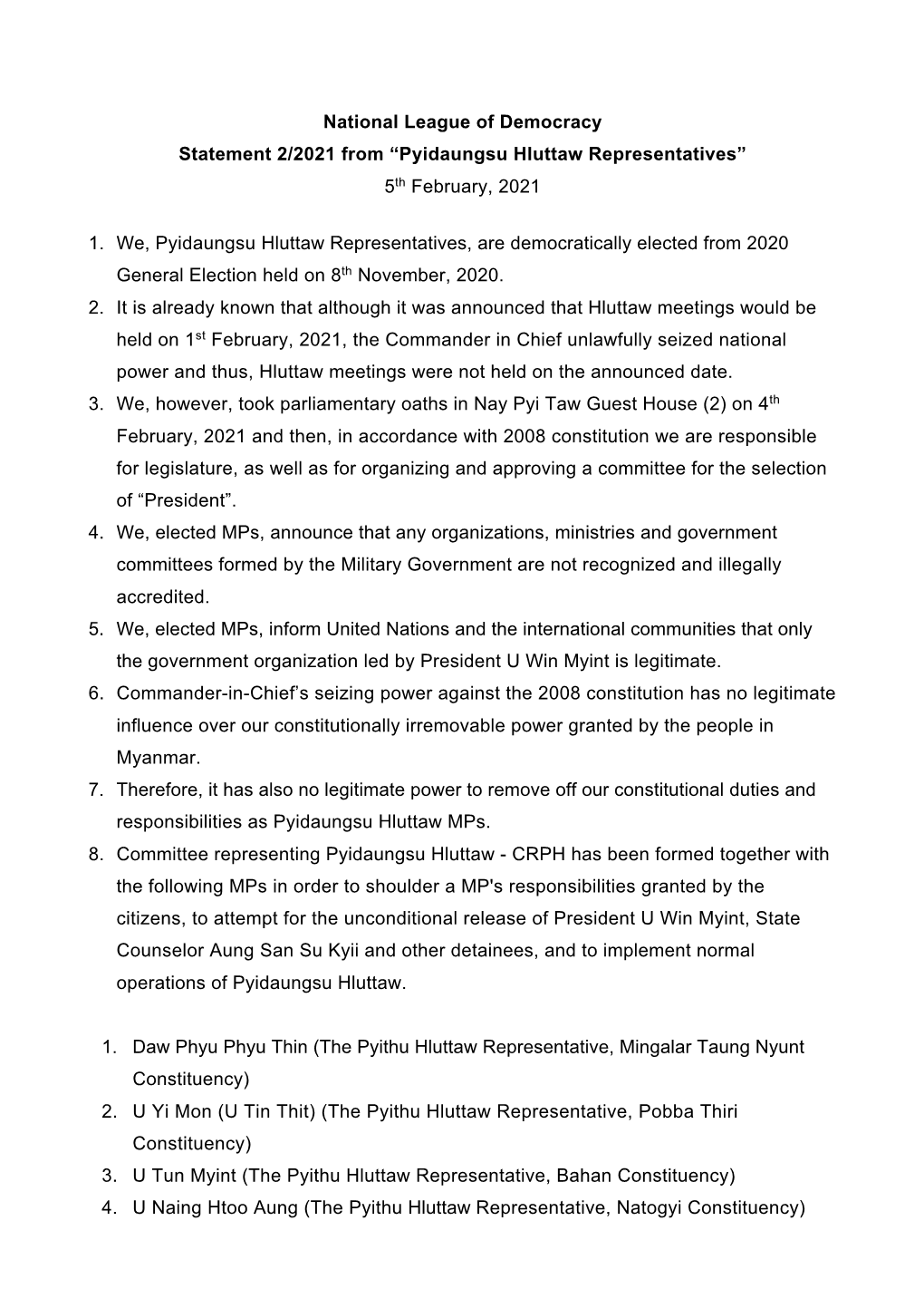 National League of Democracy Statement 2/2021 from “Pyidaungsu Hluttaw Representatives” 5Th February, 2021