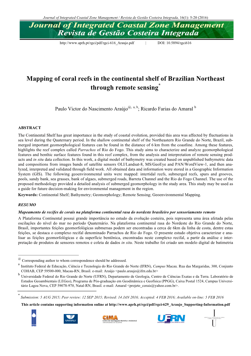 Mapping of Coral Reefs in the Continental Shelf of Brazilian Northeast Through Remote Sensing*