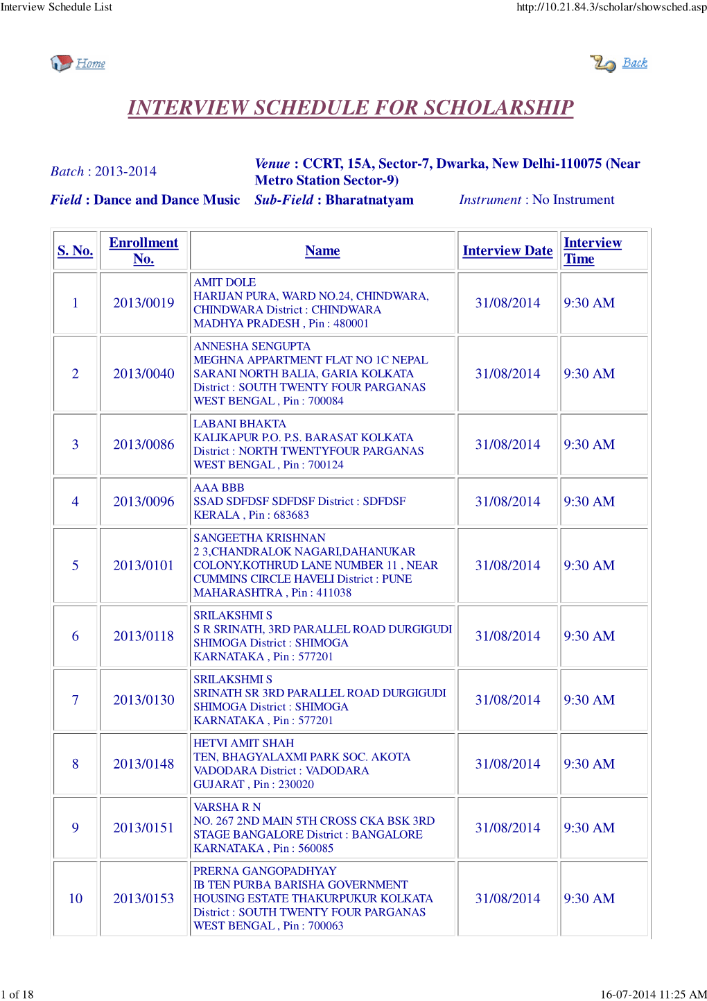 Interview Schedule for Scholarship