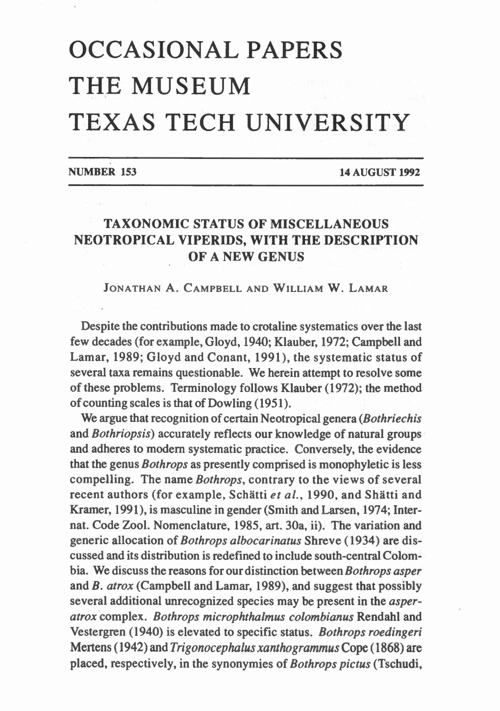 Taxonomic Status of Miscellaneous Neotropical Viperids, with the Description of a New Genus