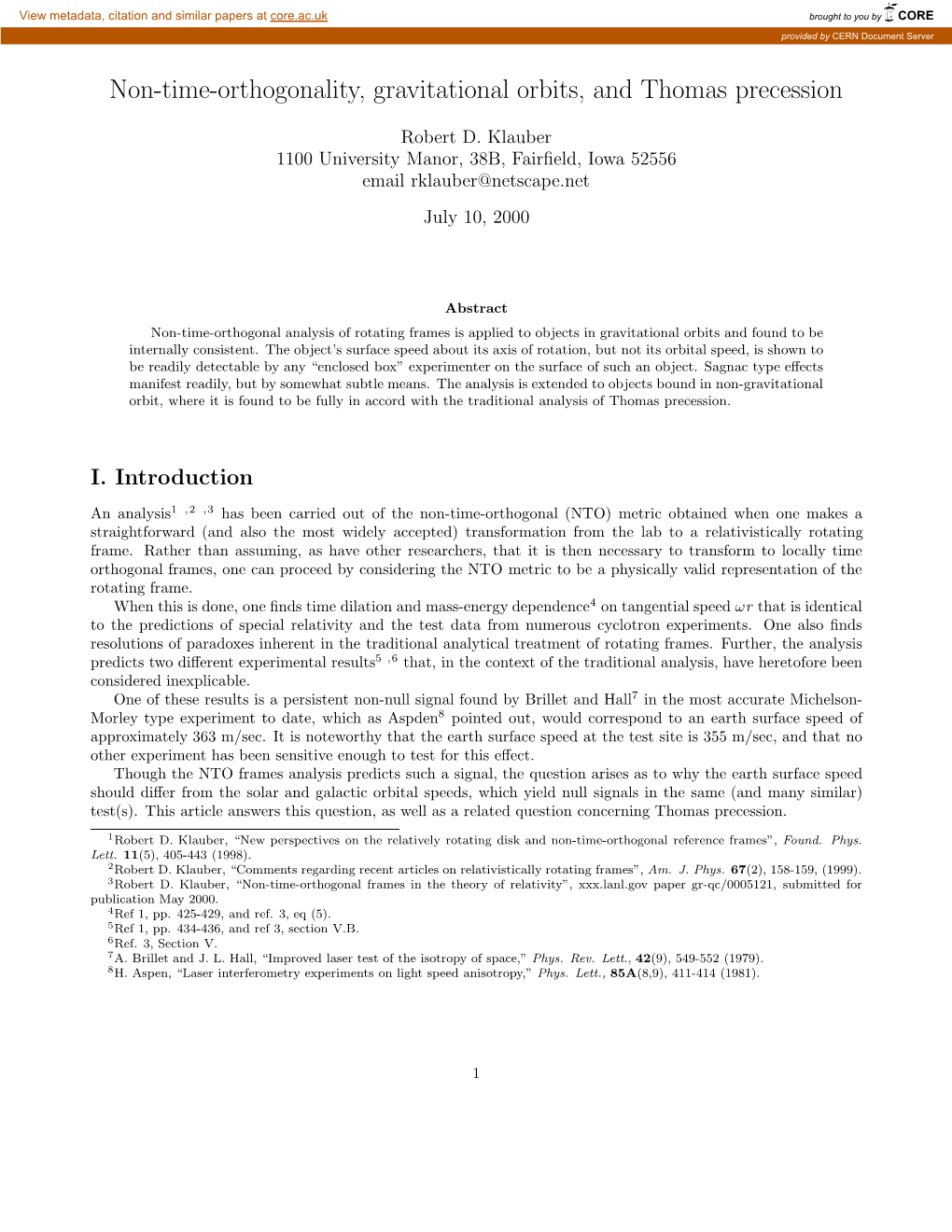 Non-Time-Orthogonality, Gravitational Orbits, and Thomas Precession