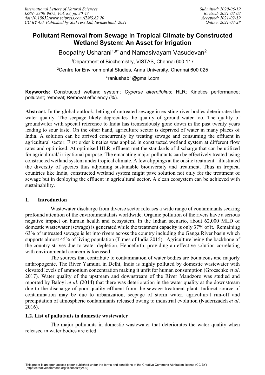 Pollutant Removal from Sewage in Tropical Climate by Constructed