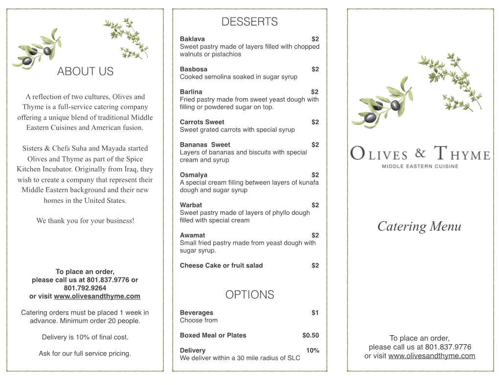 Olives & Thyme Tri Fold Menu