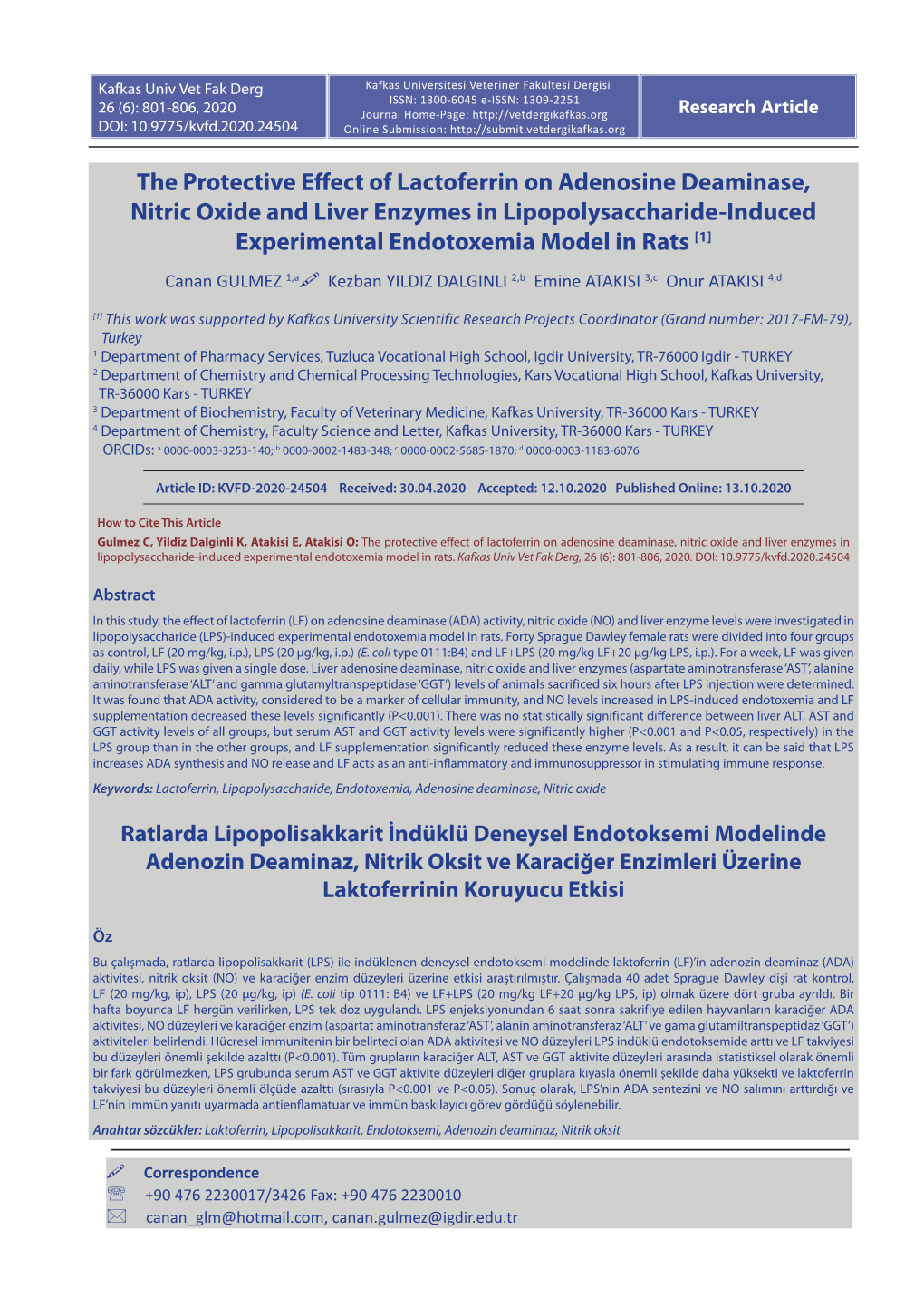 The Protective Effect of Lactoferrin on Adenosine Deaminase, Nitric Oxide