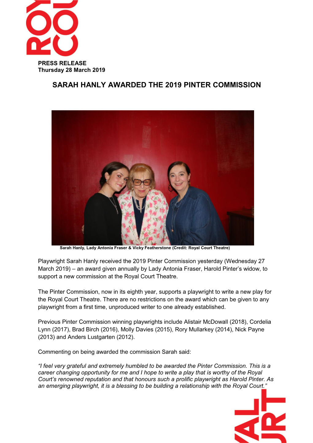 Sarah Hanly Awarded the 2019 Pinter Commission