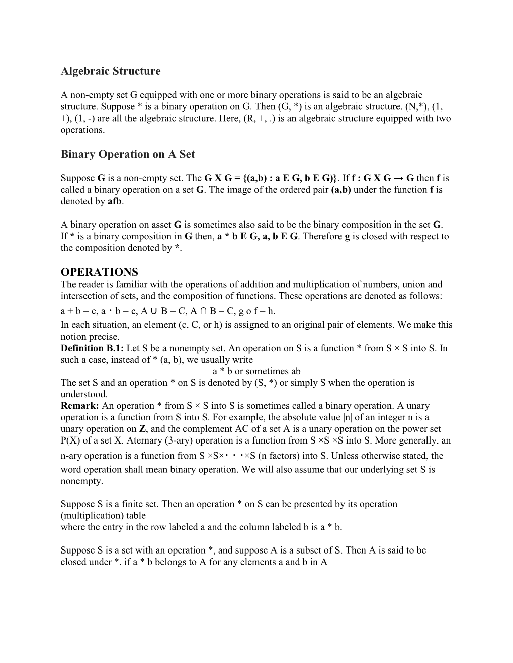 Algebraic Structure Binary Operation on a Set OPERATIONS