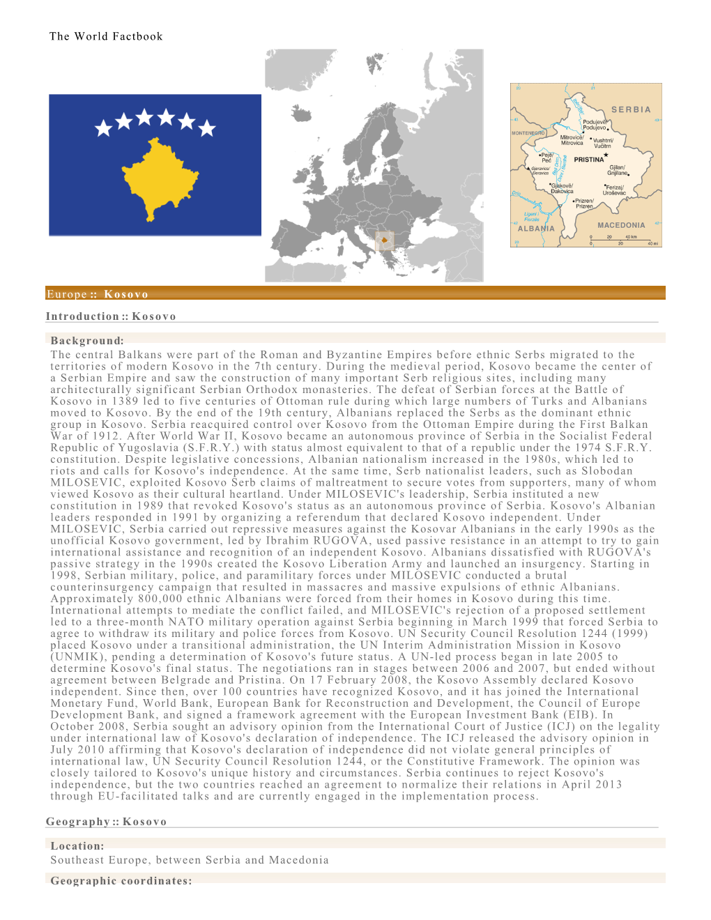 The World Factbook Europe :: Kosovo Introduction :: Kosovo Background