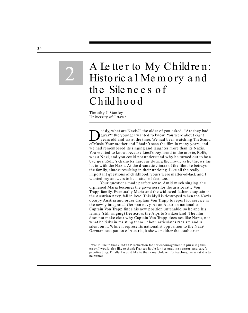 A Letter to My Children: 2 Historical Memory and the Silences of Childhood
