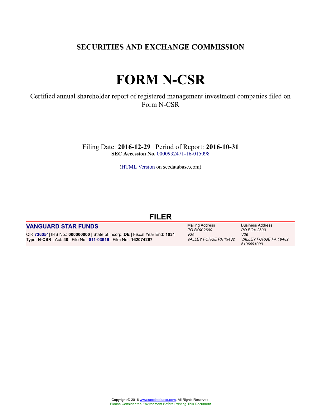 VANGUARD STAR FUNDS Form N-CSR Filed 2016-12-29
