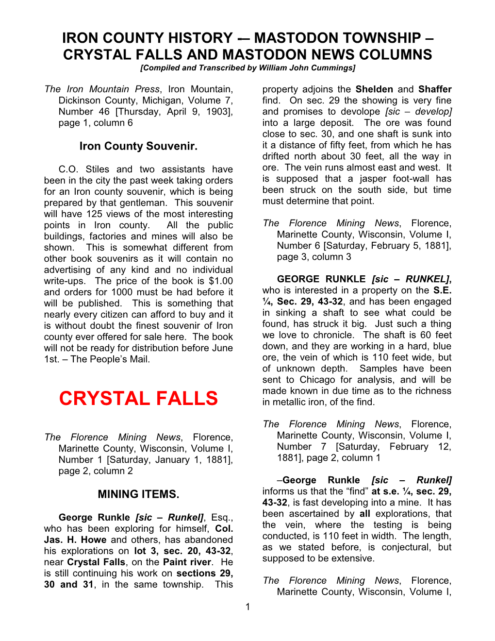 CRYSTAL FALLS and MASTODON NEWS COLUMNS [Compiled and Transcribed by William John Cummings]