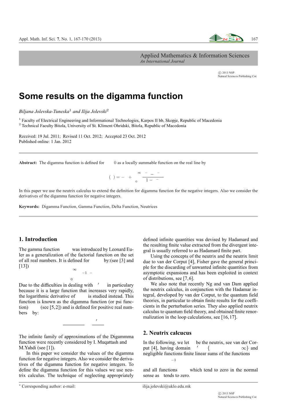 Some Results on the Digamma Function -.:: Natural Sciences Publishing