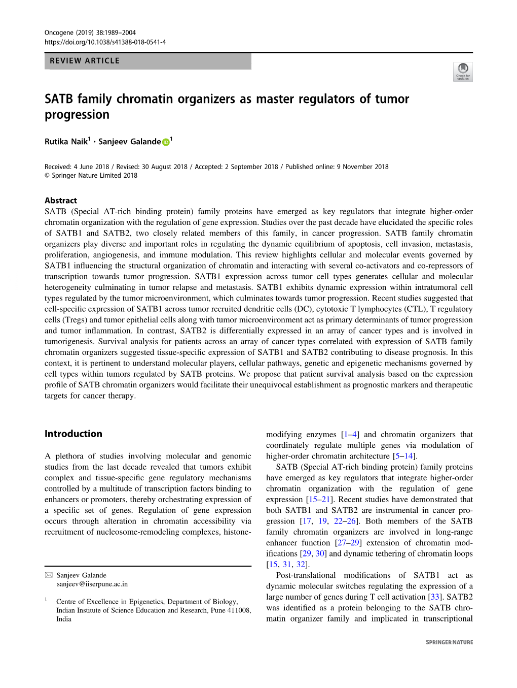 SATB Family Chromatin Organizers As Master Regulators of Tumor Progression