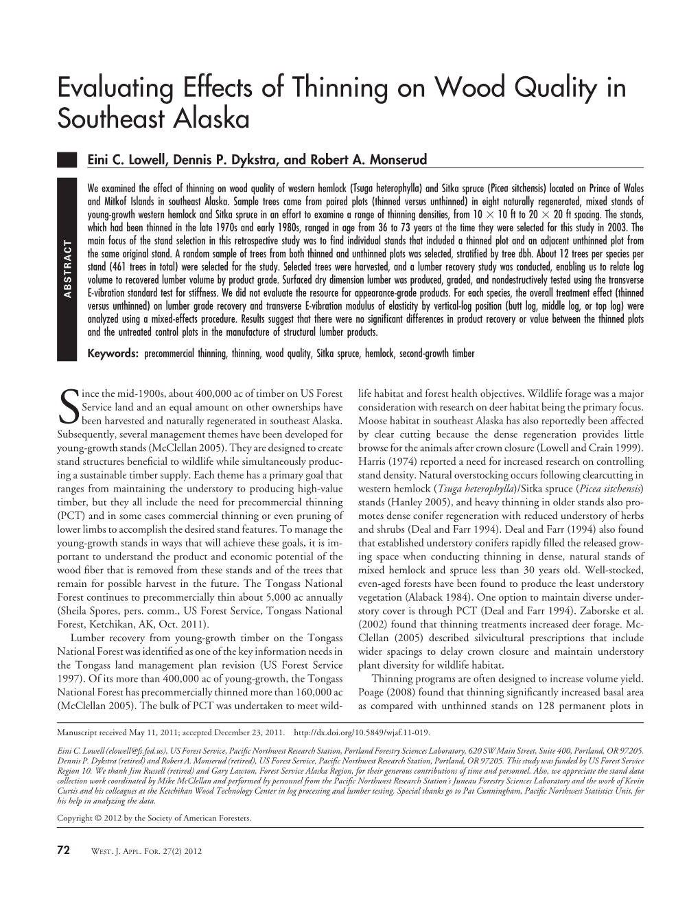 Evaluating Effects of Thinning on Wood Quality in Southeast Alaska