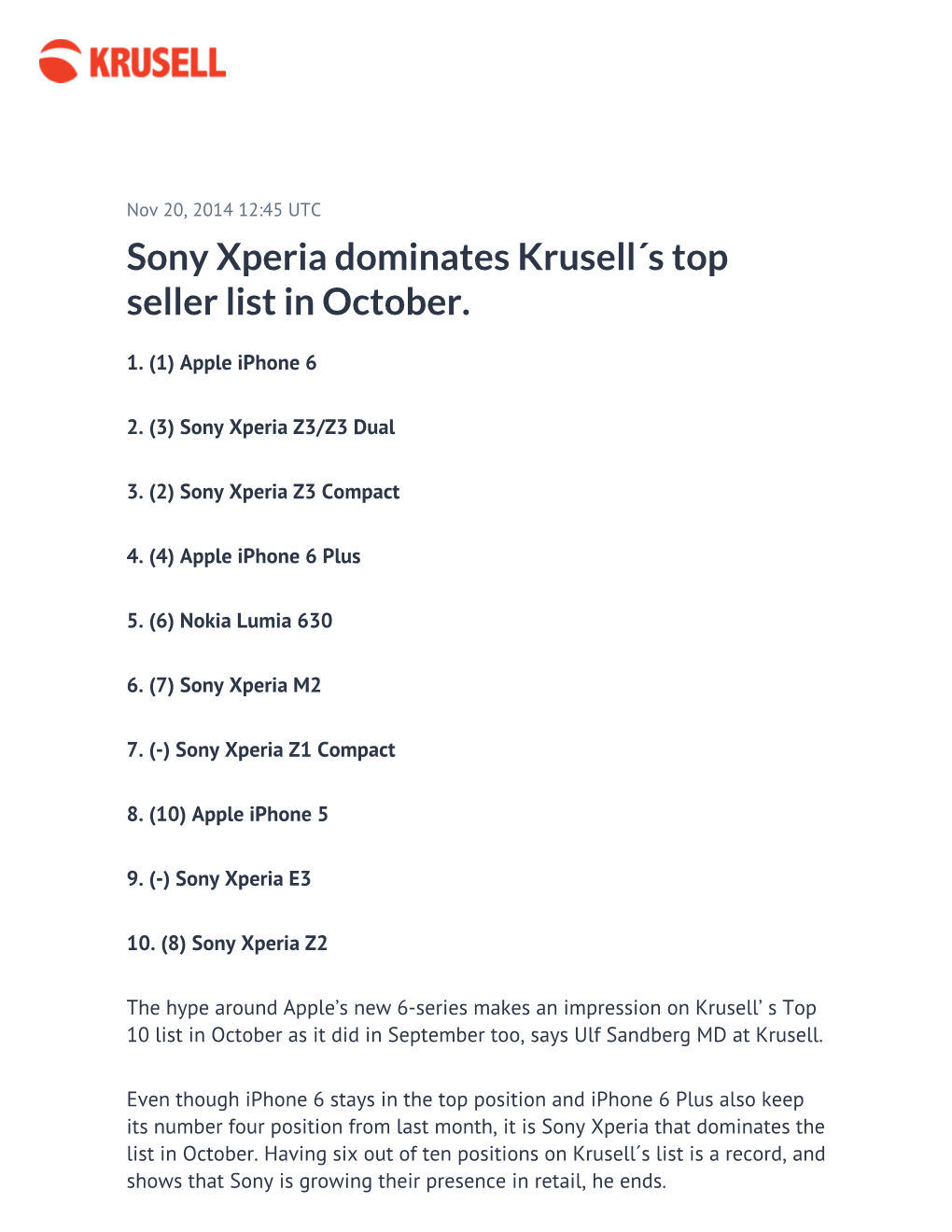 Sony Xperia Dominates Krusell´S Top Seller List in October