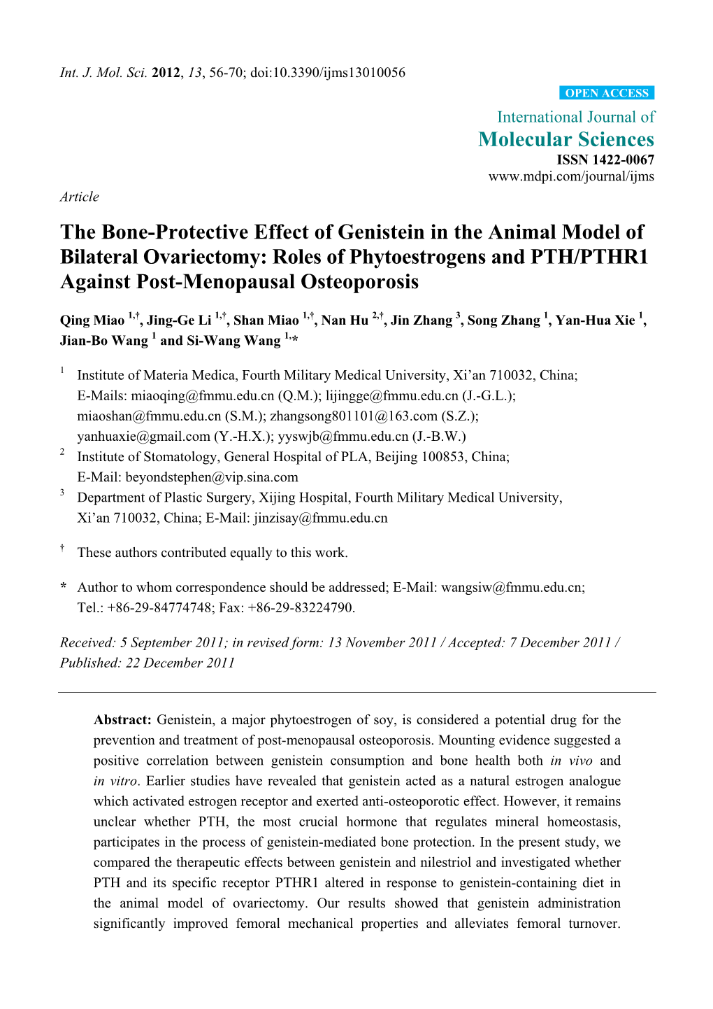 The Bone-Protective Effect of Genistein in the Animal Model of Bilateral Ovariectomy: Roles of Phytoestrogens and PTH/PTHR1 Against Post-Menopausal Osteoporosis