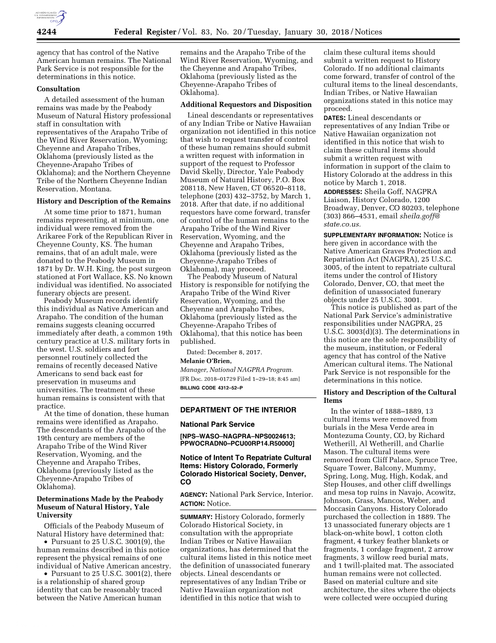 Federal Register/Vol. 83, No. 20/Tuesday, January 30, 2018