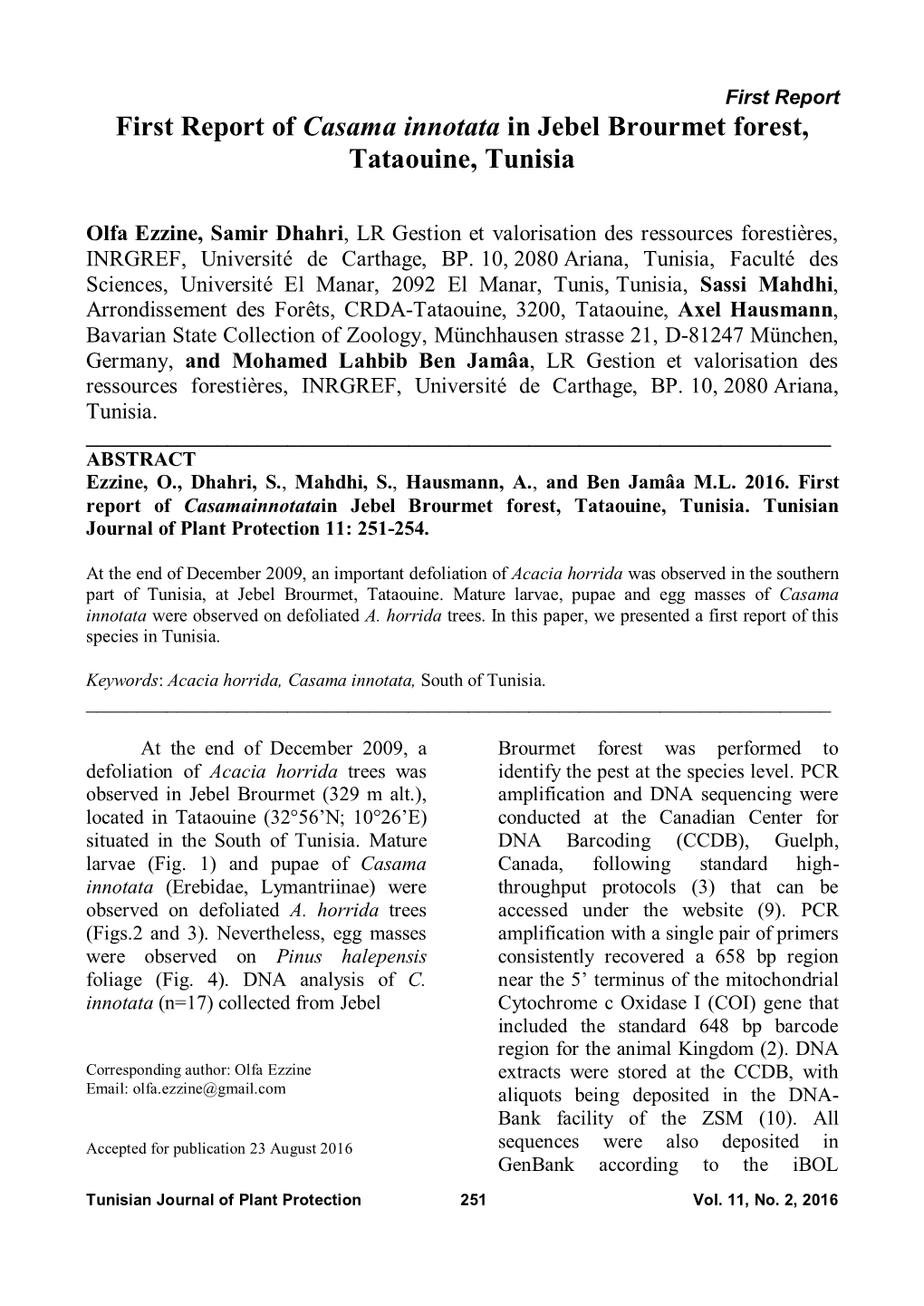 First Report of Casama Innotata in Jebel Brourmet Forest, Tataouine, Tunisia